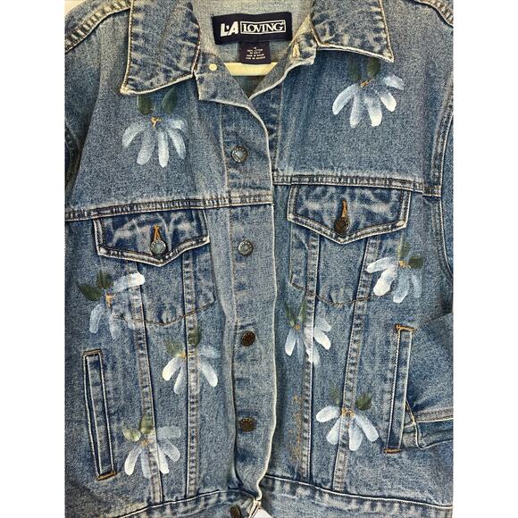 Vintage Hand Painted Flowers Denim Jean Jacket distressed Men's M, Women's L - Picture 2 of 13